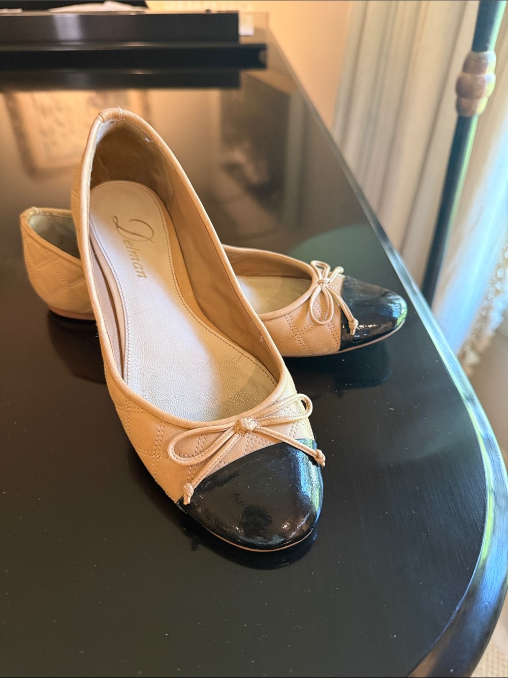 Delman Beige Flats with Black Patent Cap Toe